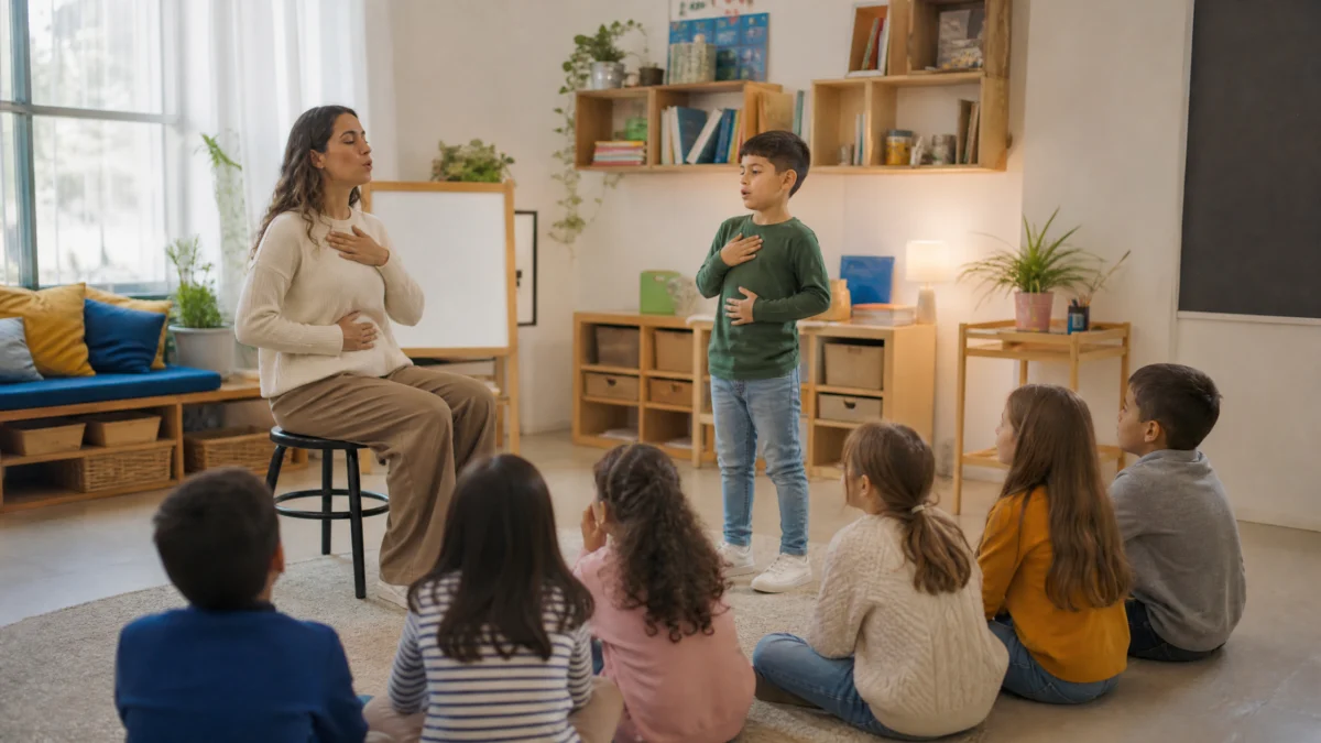 Niños practicando volumen y entonación antes de una exposición escolar
