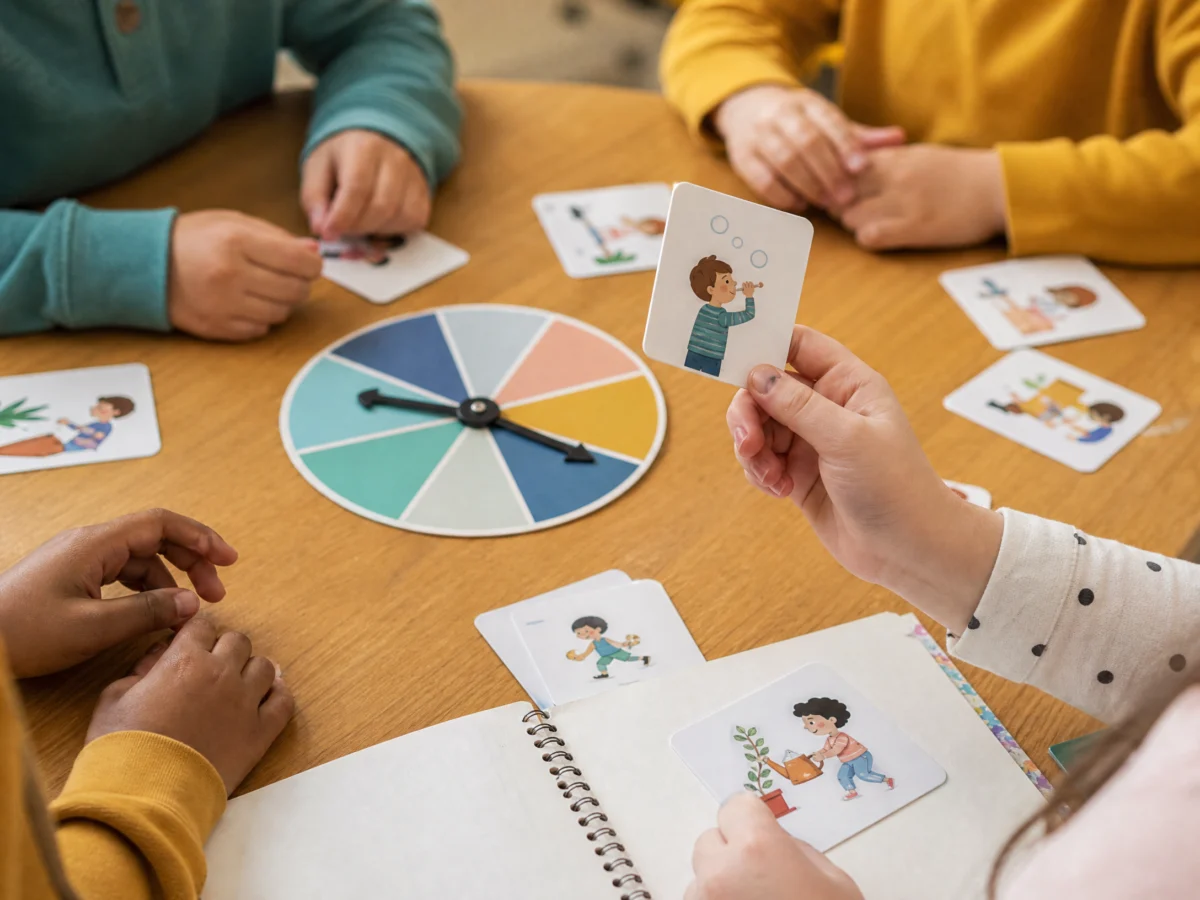 Niños usando tarjetas en juegos de expresión oral para niños