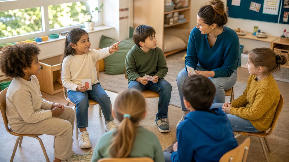 Estudiantes compartiendo ideas con turnos de palabra en primaria