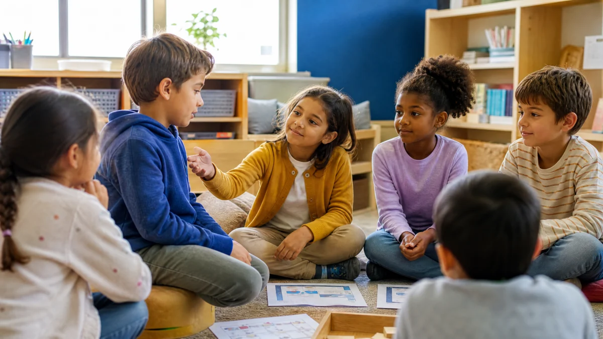 Estudiantes practicando una exposición breve en un equipo de primaria