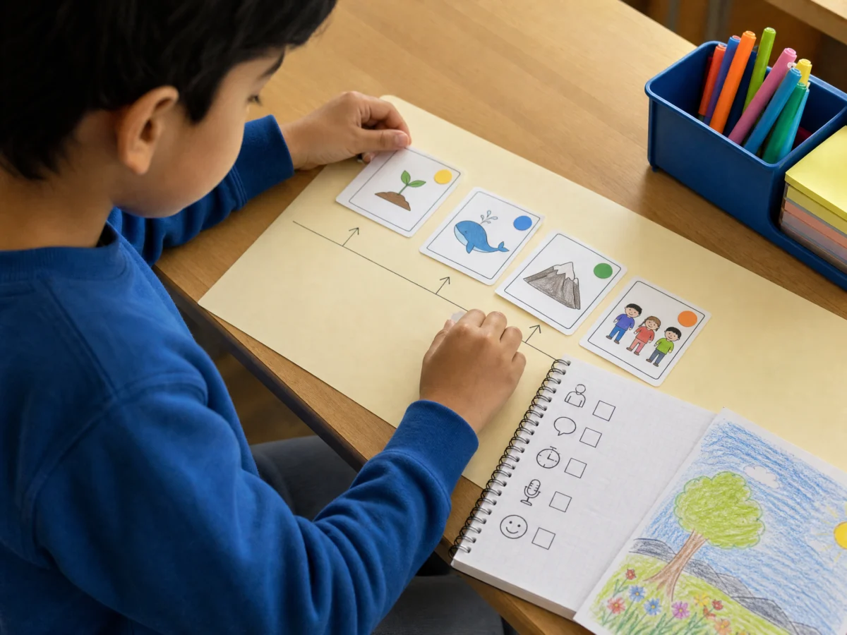 Tarjetas con palabras clave para una exposición de tercer grado