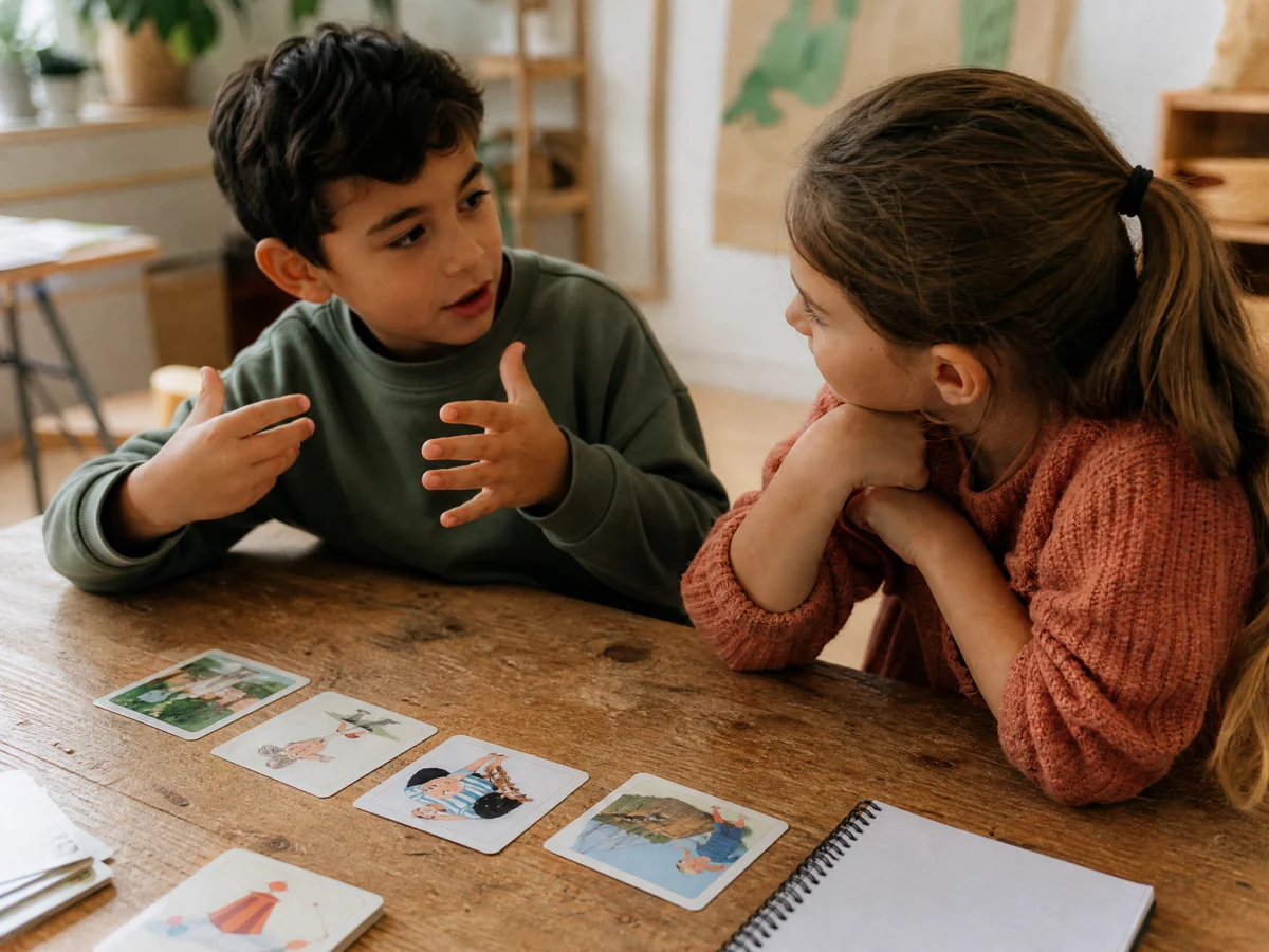 Estudiante explicando un objeto imaginario durante una actividad oral