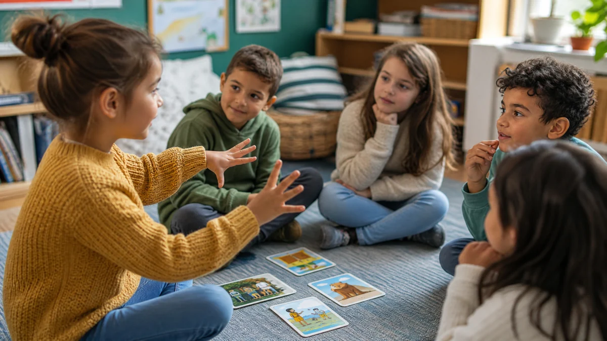 Pareja de alumnos practicando improvisación oral con tarjetas en el aula