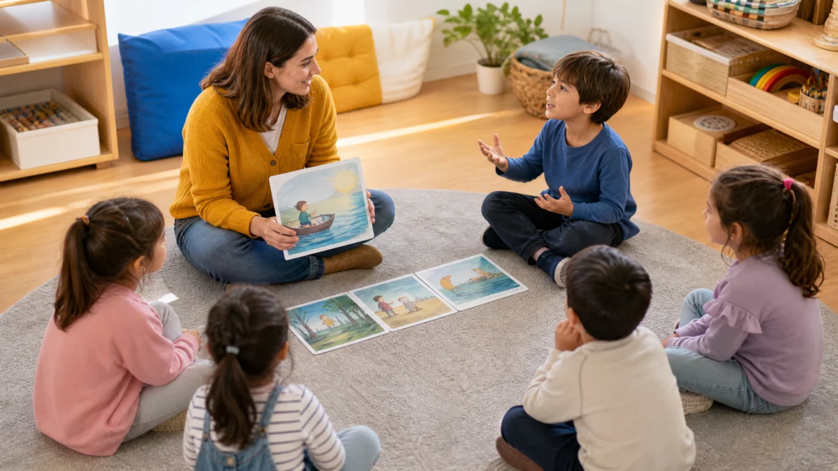 Ni&ntilde;a de primaria contando una historia mientras sus compa&ntilde;eros escuchan y toman notas