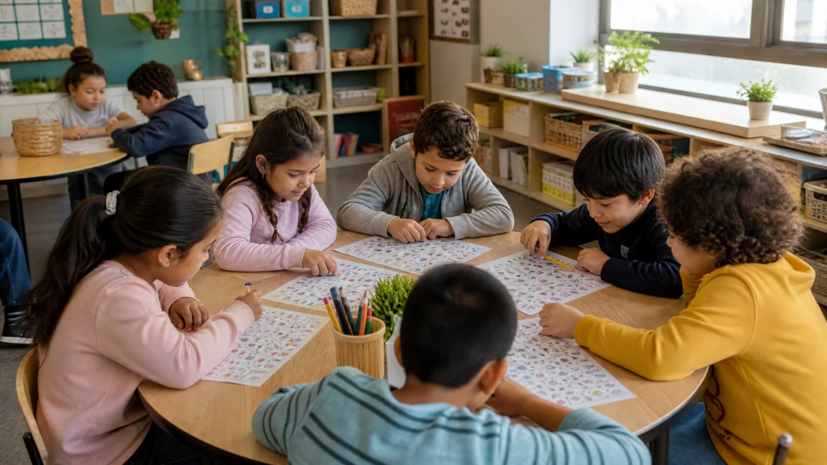 Actividades de atenci&oacute;n: parejas de primaria completando un reto breve de observaci&oacute;n y escucha