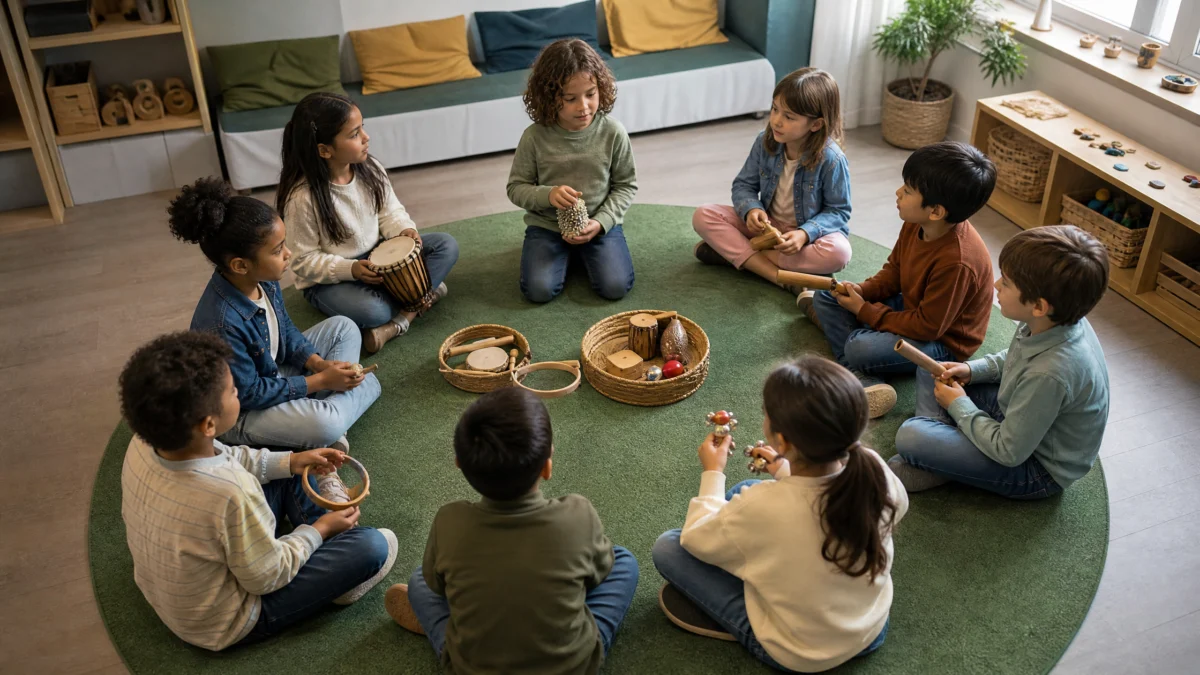 Juegos auditivos para ni&ntilde;os: estudiantes escuchando instrumentos y ordenando tarjetas