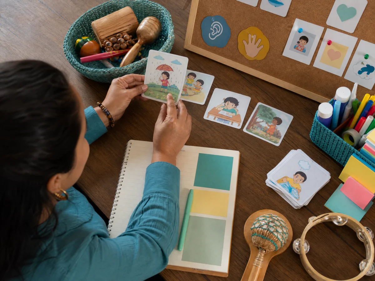 Planeación multisensorial primaria: docente organizando tarjetas, objetos y una secuencia de clase