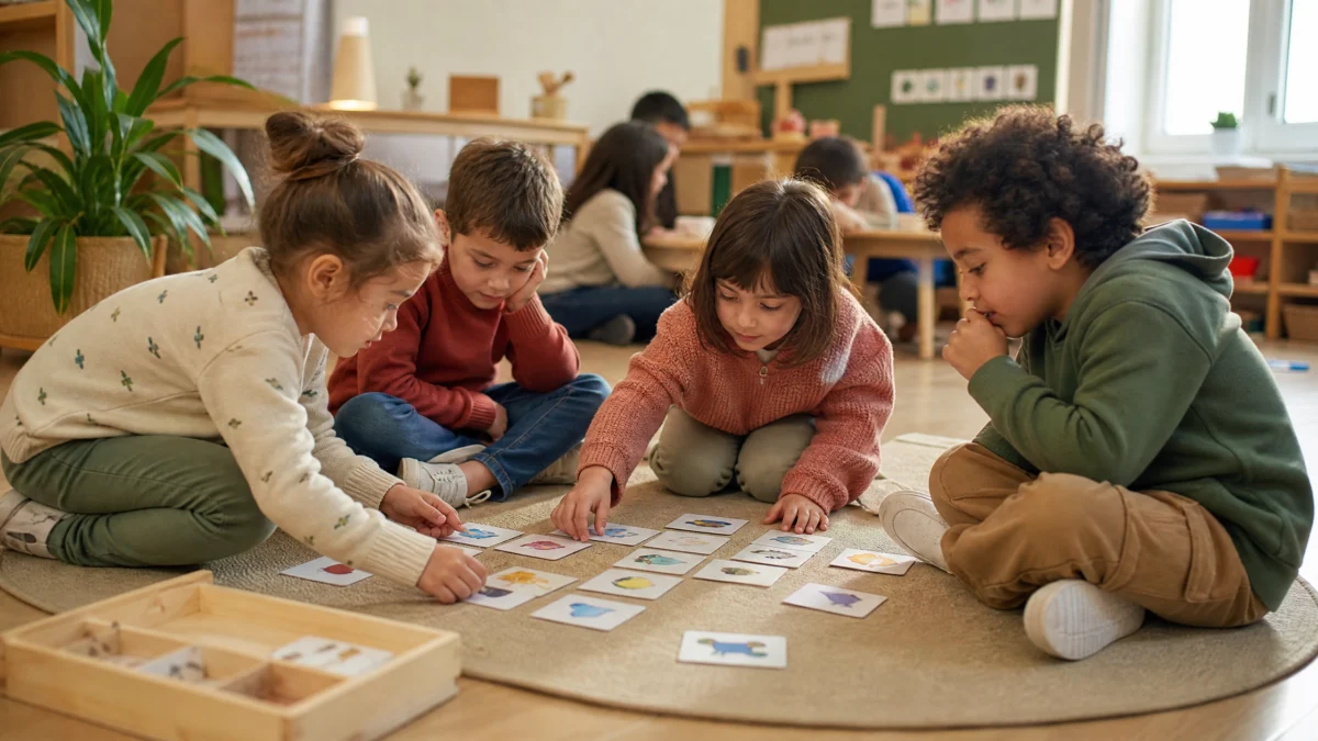 Juegos de concentraci&oacute;n para ni&ntilde;os: docente usa tarjetas de sem&aacute;foro para comprobar una consigna