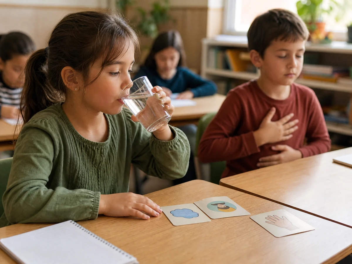 Rutina después del recreo: estudiantes de primaria siguiendo una guía visual para regresar al aula