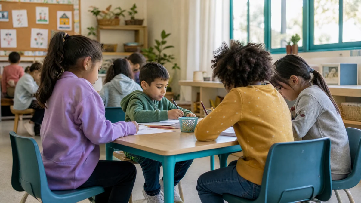 Docente de primaria dando una consigna breve mientras el grupo se prepara para comenzar la clase
