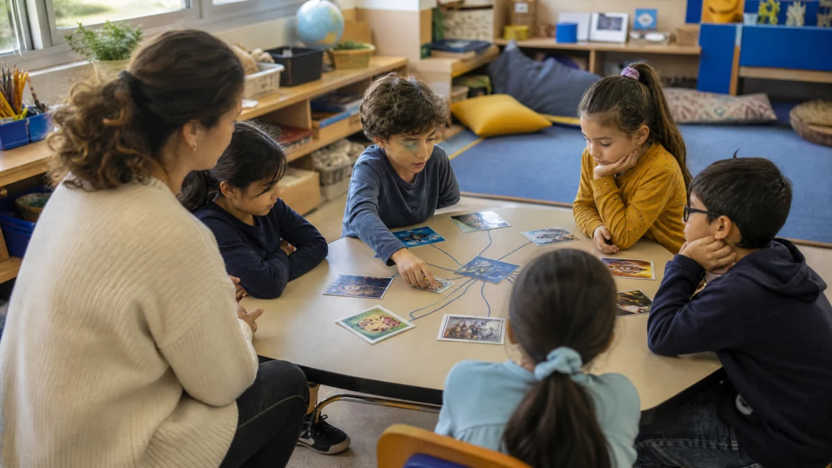 Niños conversando sobre el título y las imágenes de un texto antes de leer
