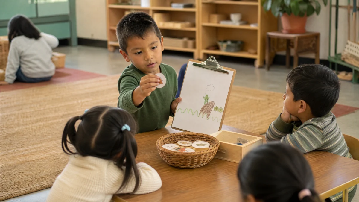 Ni&ntilde;os revisando una ficha de evidencia y predicci&oacute;n despu&eacute;s de leer un cuento