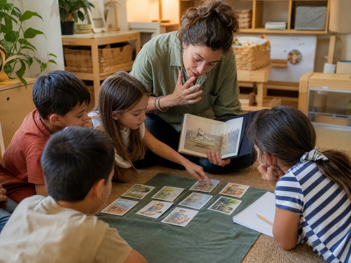 Docente realizando preguntas durante la lectura con un grupo de tercer grado