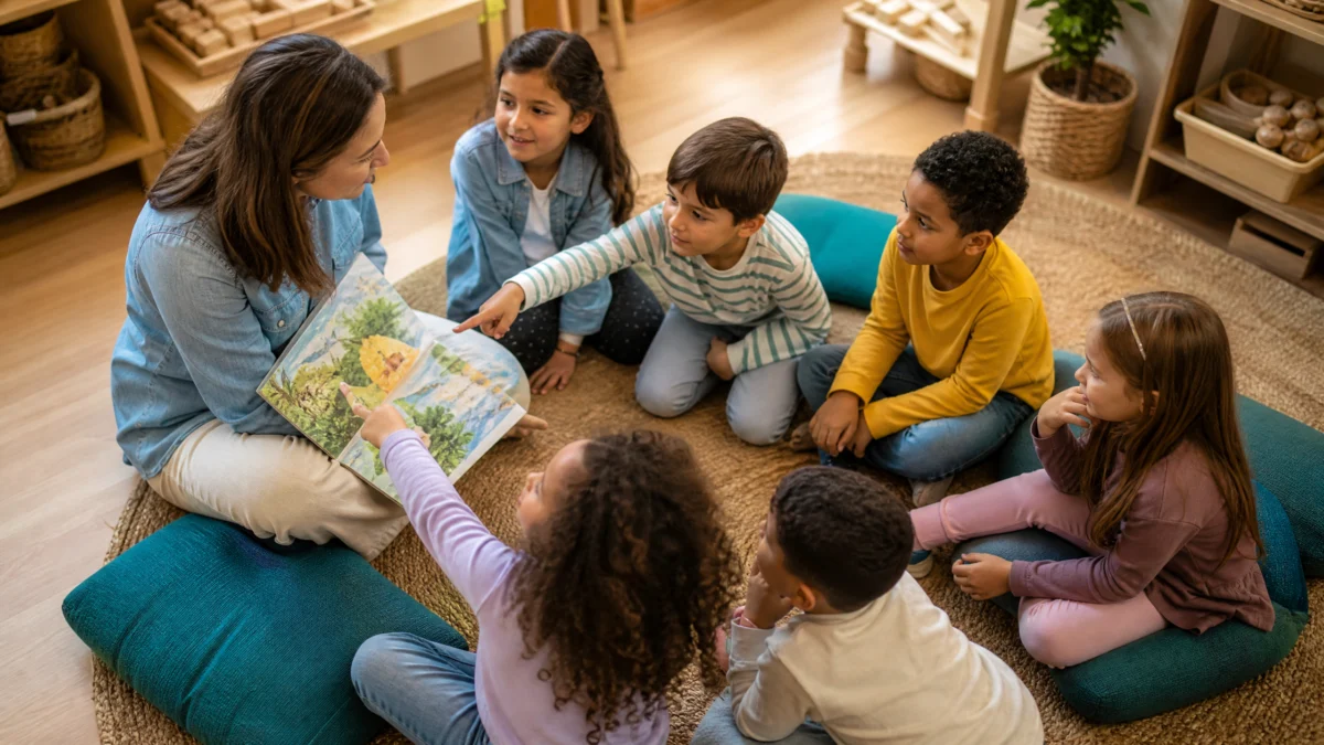 Ni&ntilde;os se&ntilde;alando evidencias en un texto despu&eacute;s de responder preguntas durante la lectura