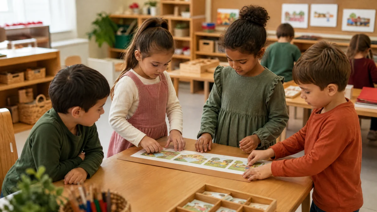 Niña explica el orden de los acontecimientos de un cuento con una línea de tiempo