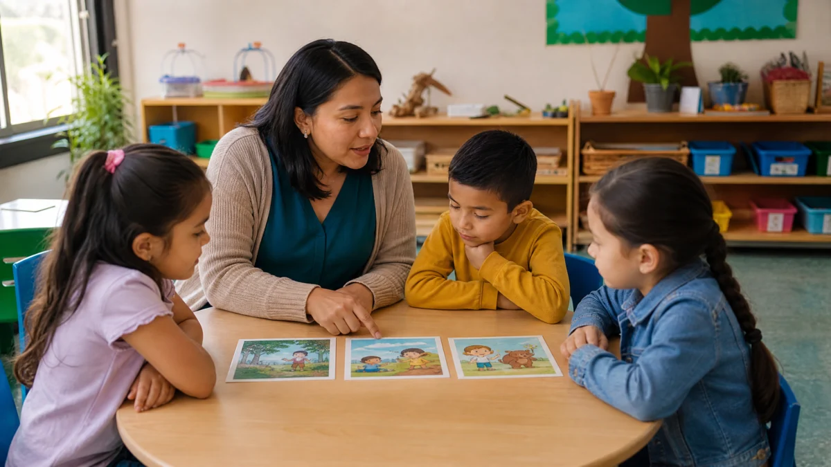 Niños revisan y acortan un resumen escrito con palabras clave y colores