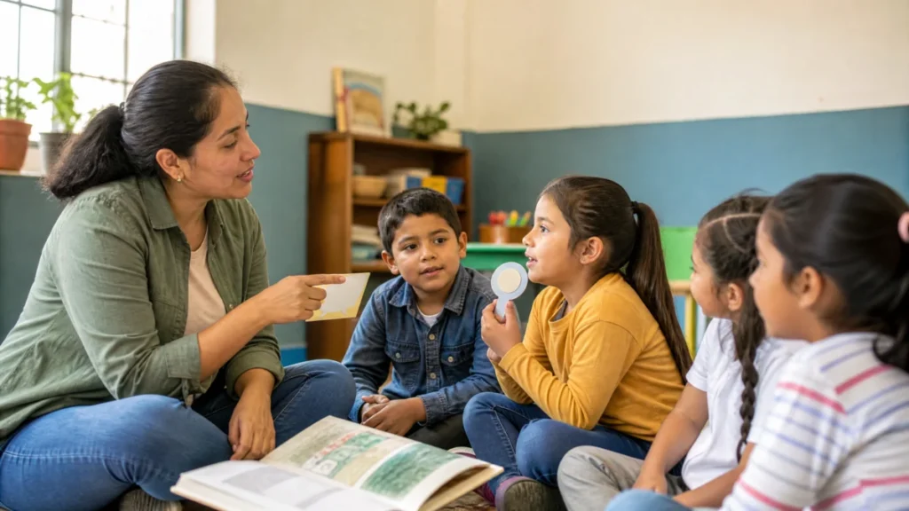 Docente gu&iacute;a una lectura dial&oacute;gica primaria con preguntas y turnos para el grupo