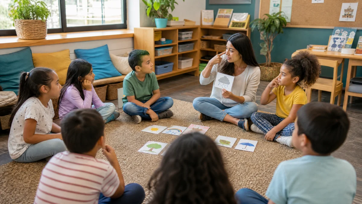 Docente compara una hipótesis de vocabulario en contexto primaria con un diccionario escolar durante una actividad