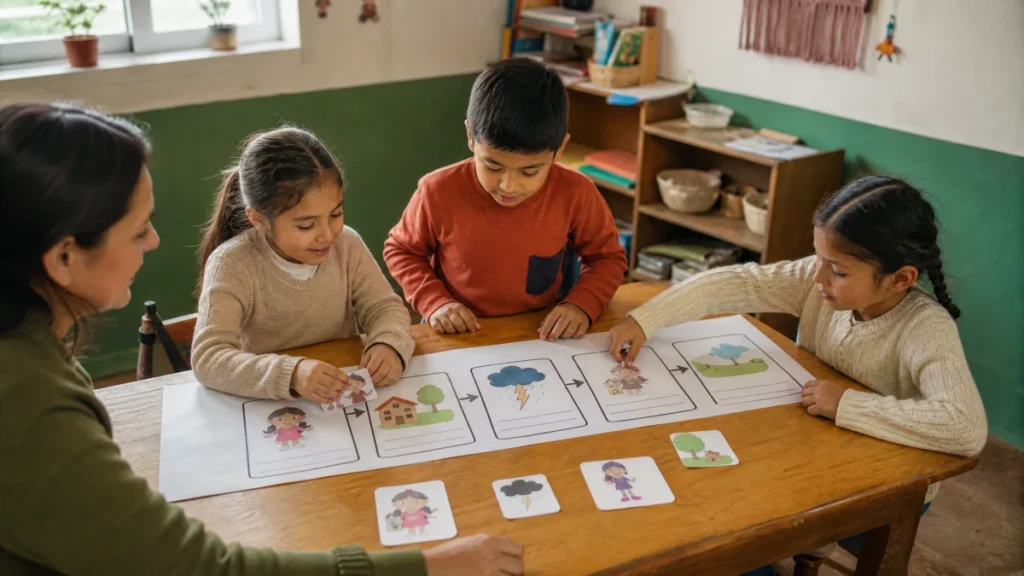 Ni&ntilde;os organizan personajes y escenarios en un mapa de historias para planificar un cuento