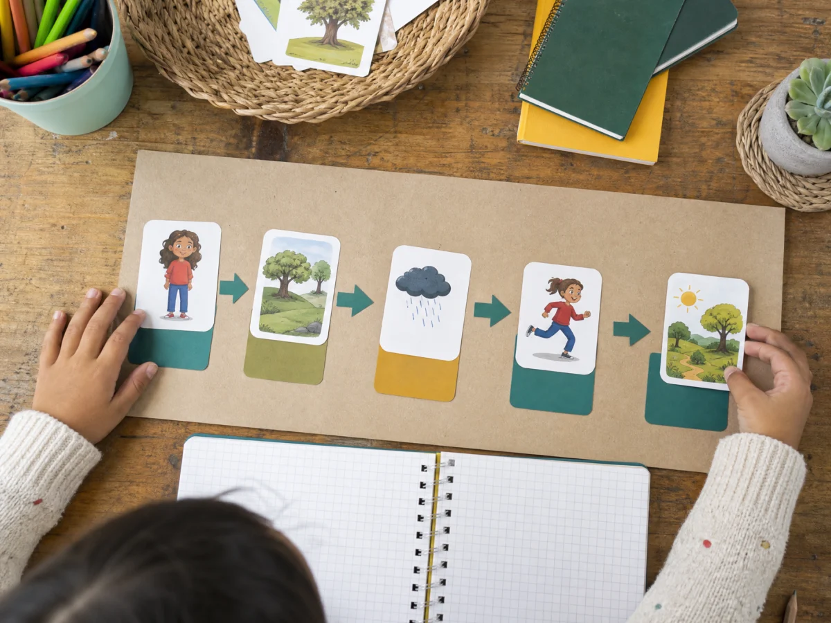 Estudiante completa un mapa de historias para niños con personaje lugar problema y solución