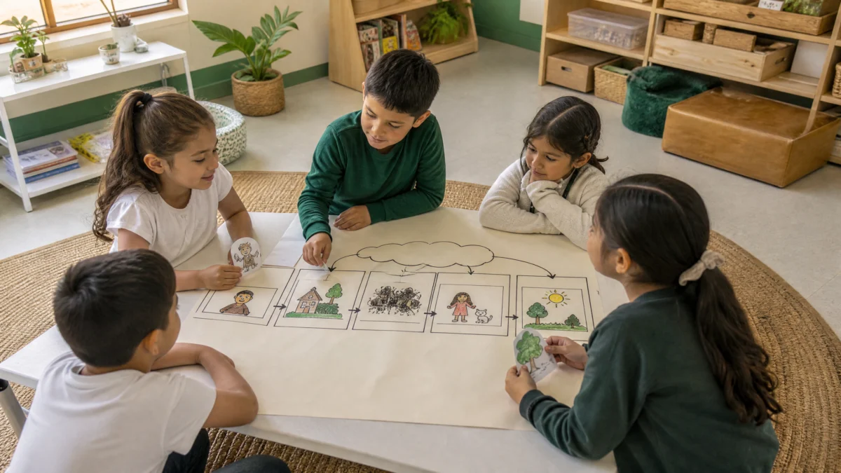 Docente acompaña la transformación de un mapa narrativo en párrafos ordenados