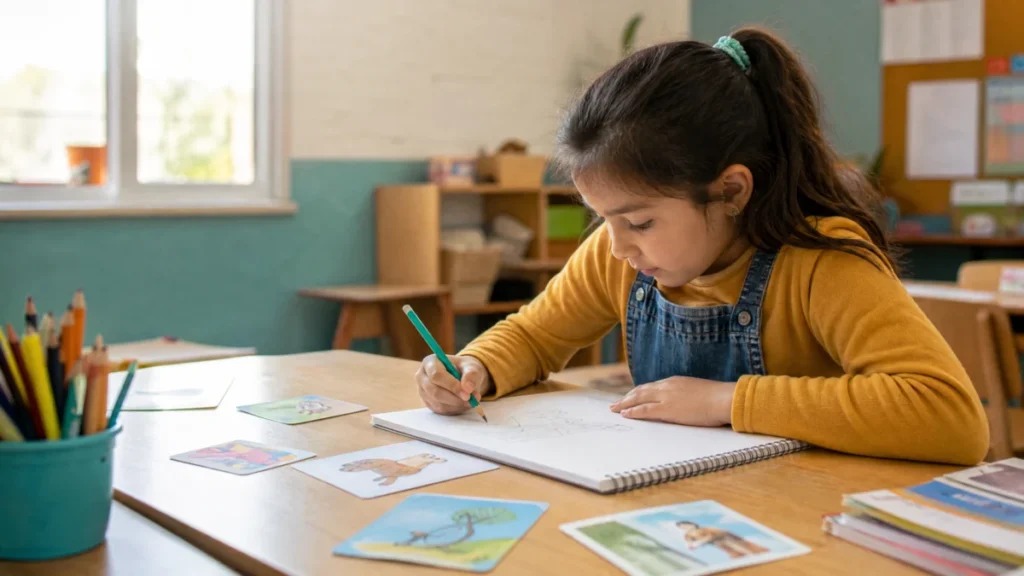 Ni&ntilde;o de primaria encuentra una idea para empezar a escribir en una hoja