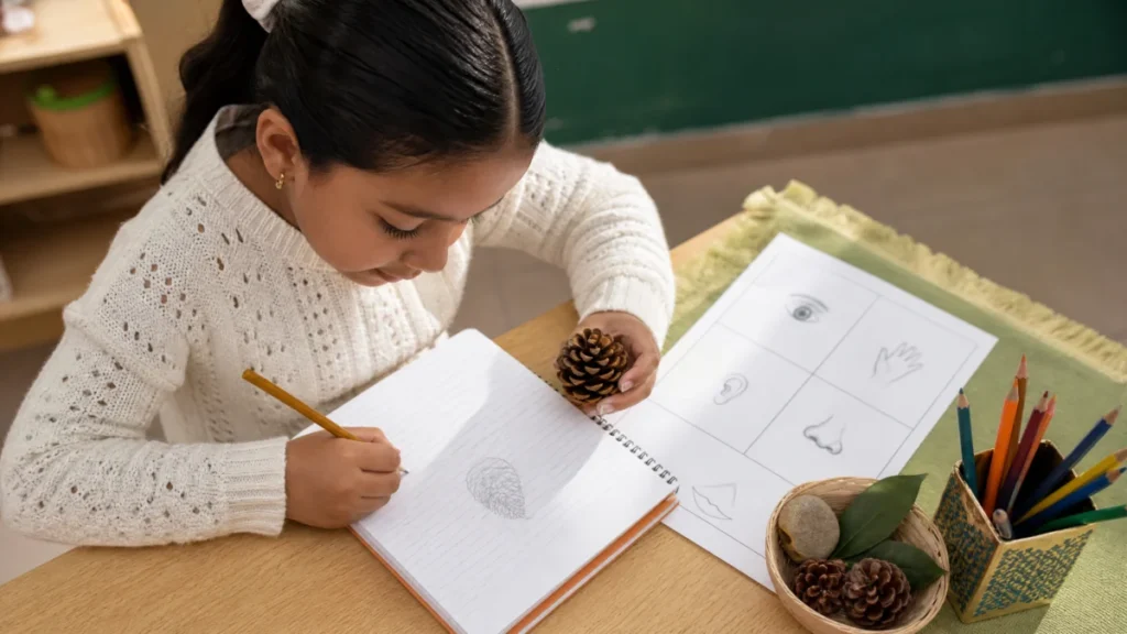 Estudiante de primaria observa una planta y anota detalles de una descripci&oacute;n sensorial